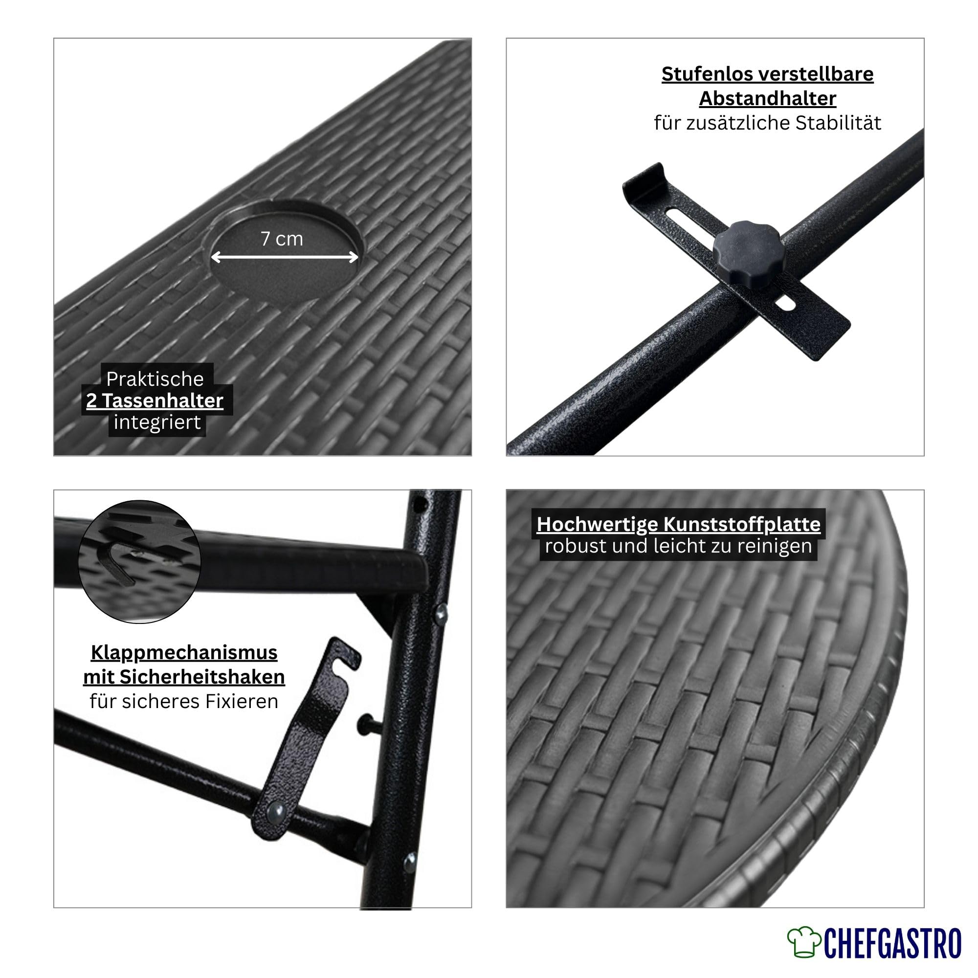 CHEFGASTRO Balkonhängetisch klappbar wetterfest 3-Fach höhenverstellbar 60x40cm Metall Rattan Optik Schwarz Balkontisch zum Hängen Hängetisch mit 2 Tassenhalterungen Balkon Klapptisch