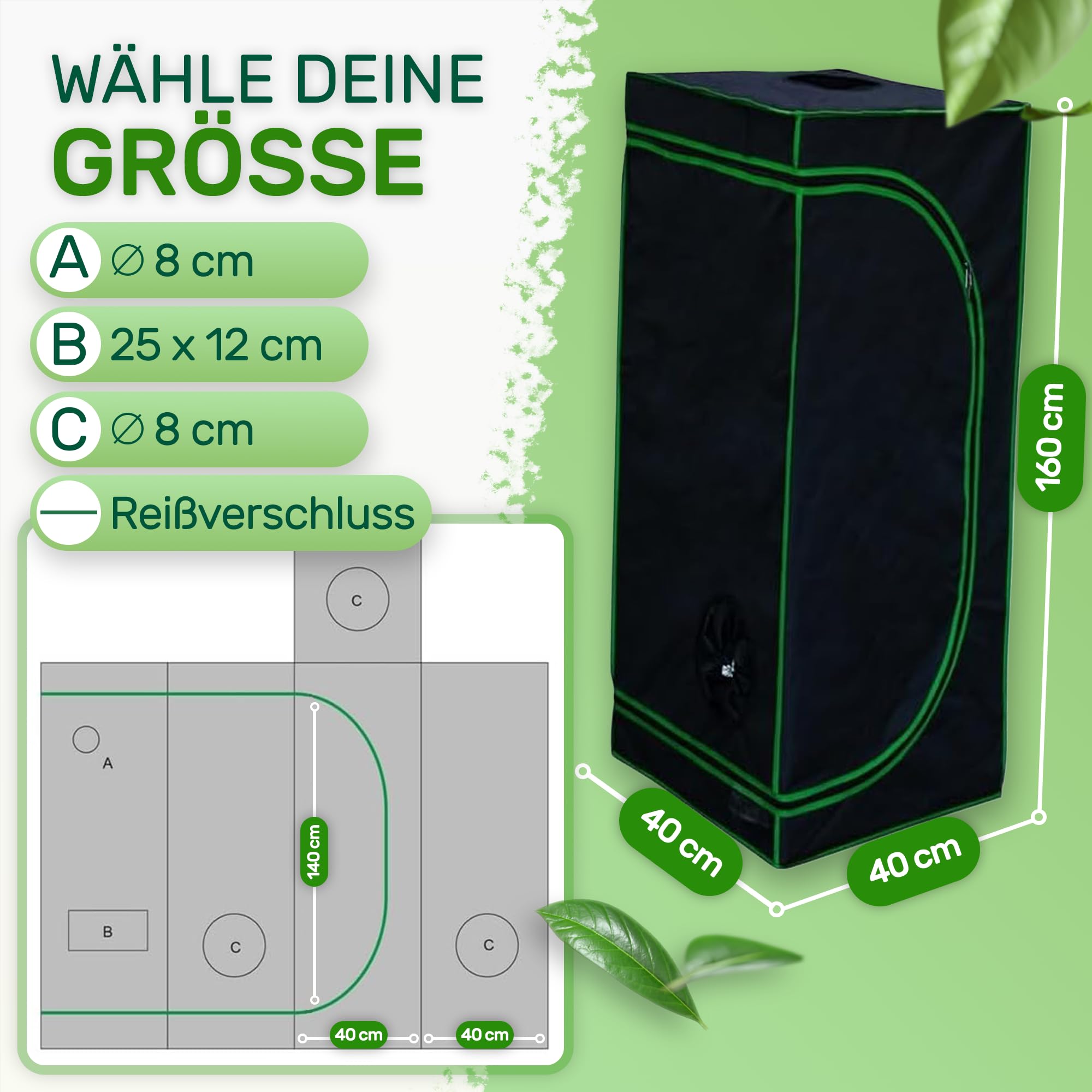 Melko - Set Growbox 40x40x160cm con tester 3 in 1 - Tenda da coltivazione impermeabile e resistente con rivestimento interno riflettente - Tenda da coltivazione per coltivazioni idroponiche