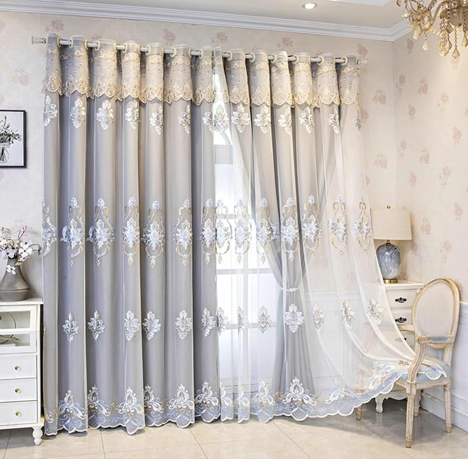 Bedroom Blackout Curtains 2 Panel Sets 106 inch Long, Blackout Curtains Eyelets European Style Double Layer Embroidered Flowers Curtain Window Treatment Light Grey, 67 x 106 Inch