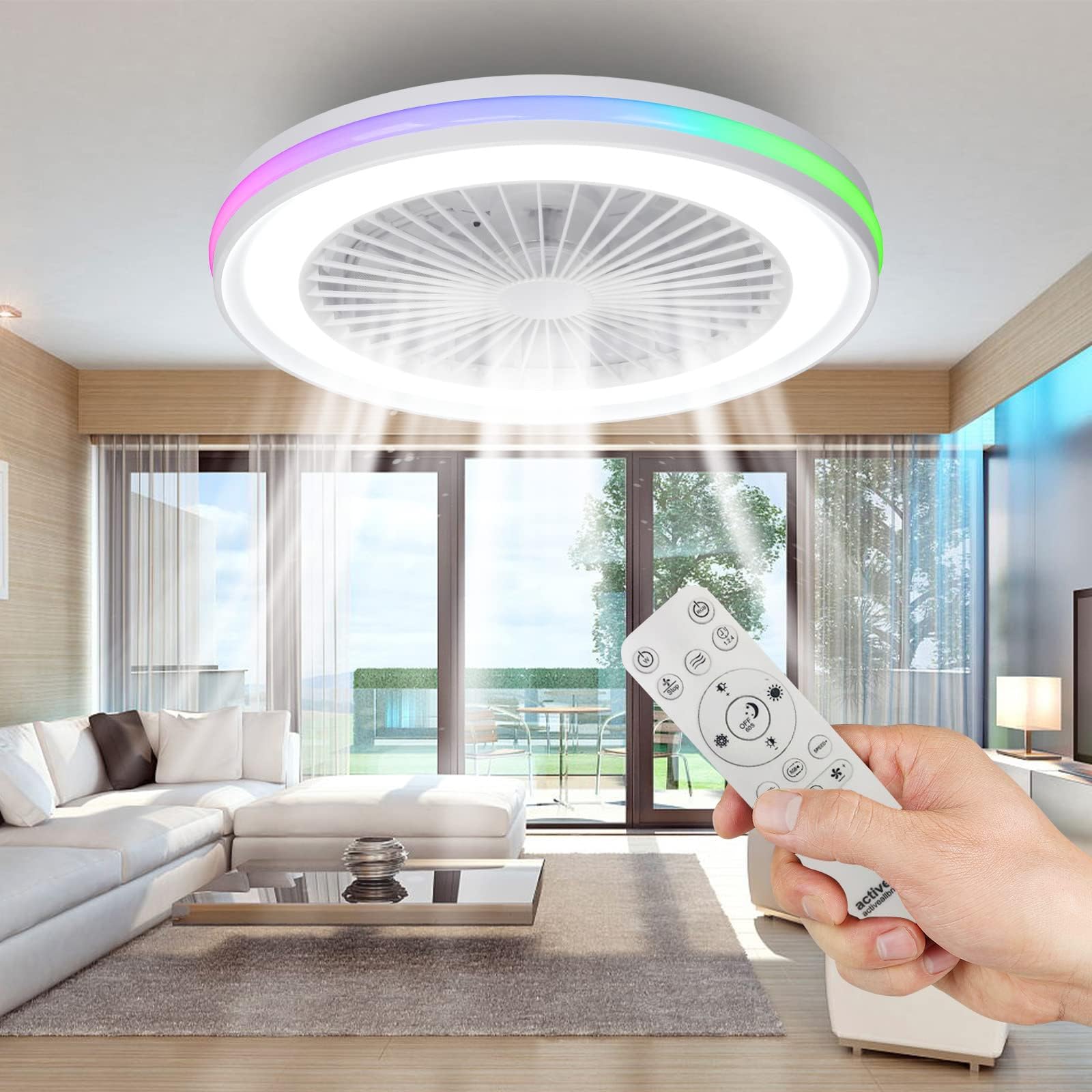 Nowoczesna Wentylator Sufitowy z Lampą, Cichy Silnik DC 20W, LED RGB Lampa Sufitowa z Wentylatorem, 40W 3800LM, Ściemnialna 3000-6000K, 6 Prędkości, Tryb Lato/Zima, Pilot Zdalnego Sterowania i Timer