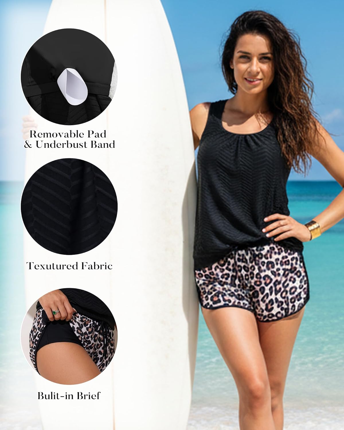 Aidonger Women's Tankini Swimsuit Modest Two Piece Bathing Suit Tummy Control Athletic Blouson Tank Top with Short Bottoms