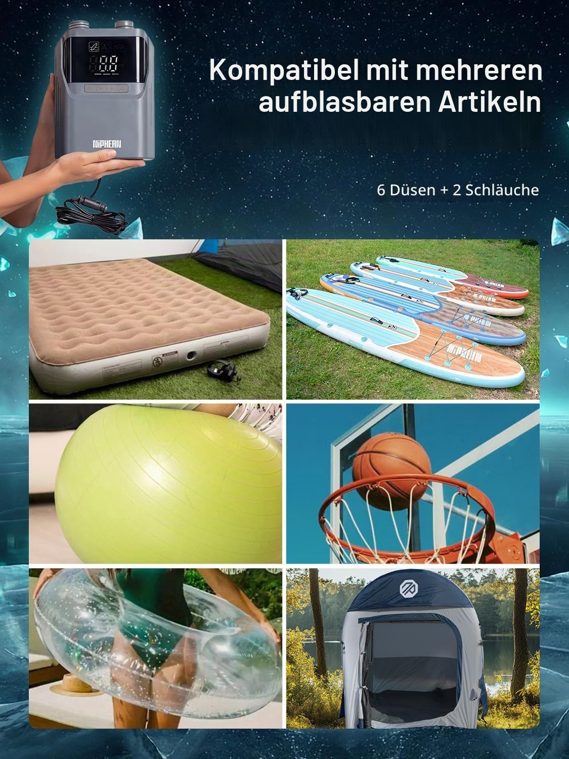 Niphean Elektrische Luftpumpe SUP mit (Extra-Langem) 300cm 12V Kabel, 50PSI SUP Pumpe Elektrisch für Auto&Luftmatratze, Luftpumpe Elektrisch für Aufblasen&Ablassen, Elektrische Pumpe mit Tragetasche