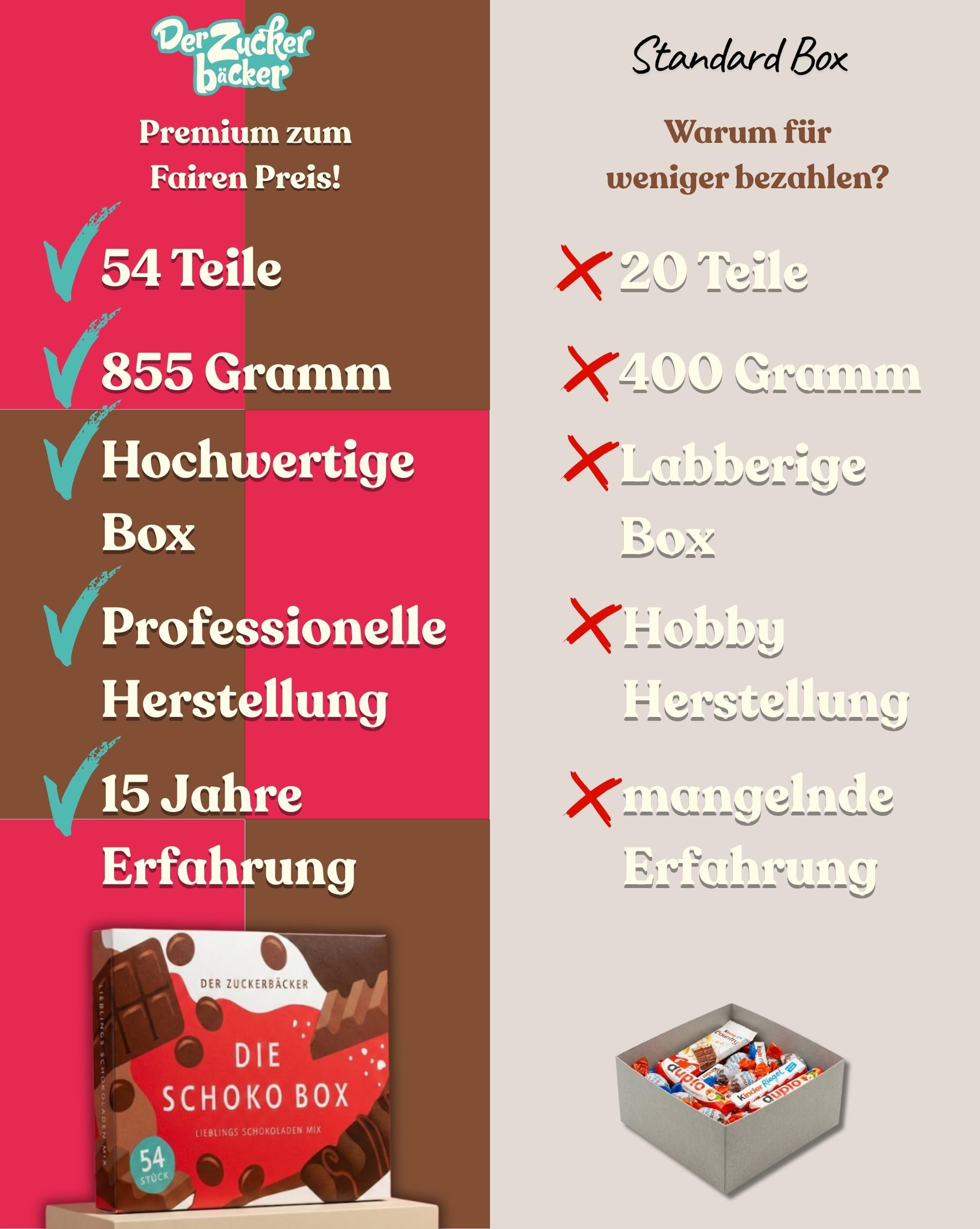 Süßigkeiten Box mit Kinderschokolade - Genussmomente von Der Zuckerbäcker, Premium Schokoladen Mix mit Bueno, Kinder Schokolade und Kinder Country, 54 Teile als Geschenk für Party und Geburtstag