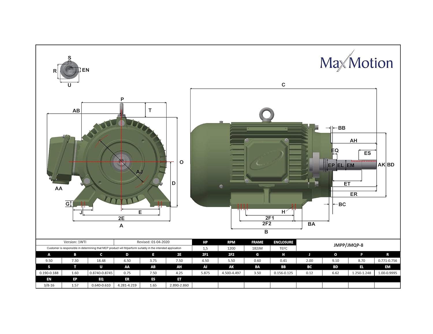 MAX MOTION JMPP-8 · Pumps Electric Motor NEMA · 1.5HP, 1200RPM, 575V, 3PH, 60Hz, TEFC Enclosure, 182JM Frame, CAST Iron Premium, 10:1 CT ~ 20:1 VT, IP55, Class F, 1.25SF