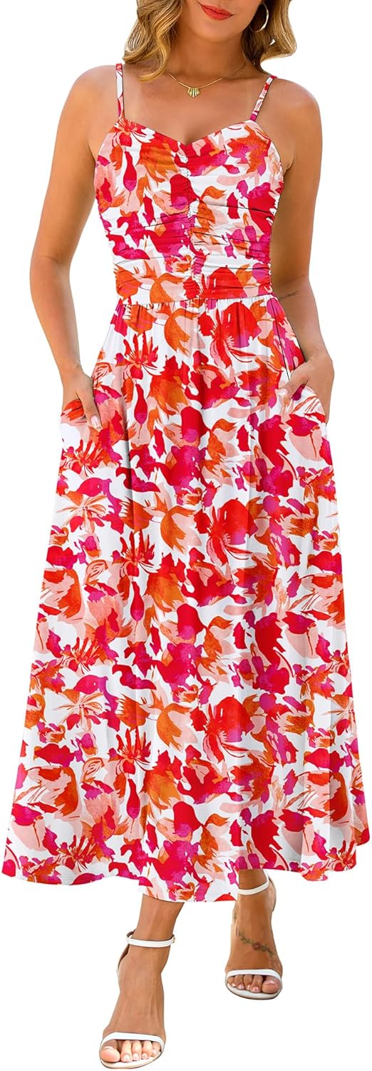 Maggeer Women's Summer Fall Adjustable Spaghetti Strap Ruched Maxi Dress Floral Boho Long Sundress with Pockets