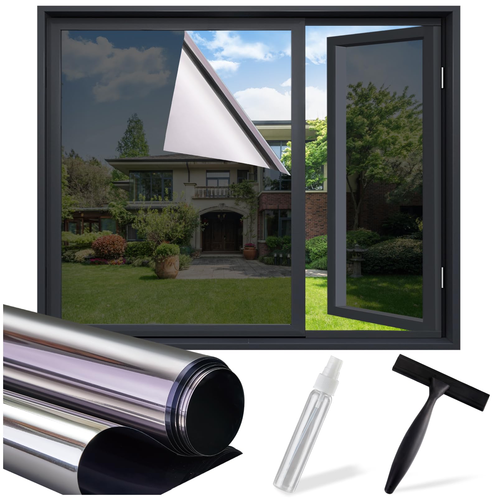 Lifetree Spiegelfolie Fensterfolie Schwarz-Silber Montageset 90x400cm | UV-Schutz Hitzeschutz Sonnenschutzfolie Selbstklebend Wärmeschutz, Sichtschutz Blickdicht für Fenster Innen Wohnzimmer Büro