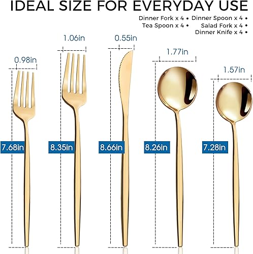 Miniatura 6 de Juego de cubiertos dorados de 20 piezas para 4, juego de cubiertos de acero inoxidable dorado titanio para el hogar y restaurante, utensilios