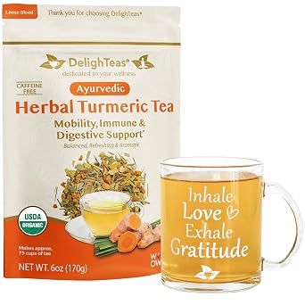 DelighTeas Organic Turmeric Ginger Tea with Inspirational Tea Mug | Ayurvedic Loose Leaf Herbal Turmeric Blend for Mobility, Immune & Digestive Support