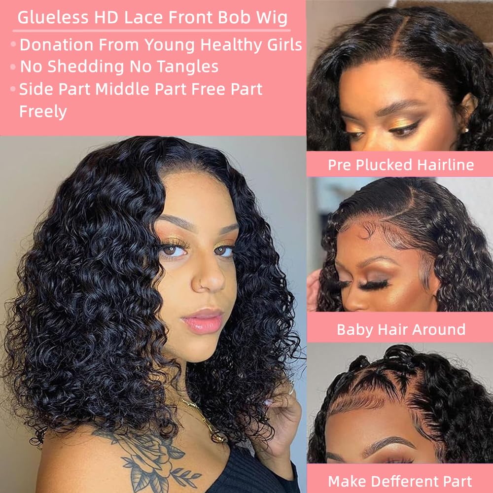 Curly Bob Wig Human Hair 12 Inch 180% Density 13x4 curly Bob Human Hair Lace Front Wigs Pre Plucked with Baby Hair for Women Natural Color - Image 2