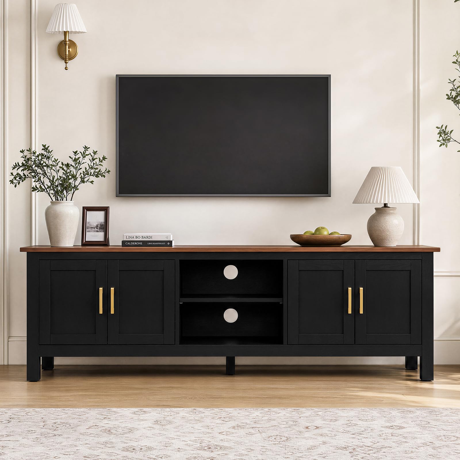 HOLTICO TV Stand for Living Room, Modern Farmhouse TV Unit with Storage and Adjustable Shelf, Wooden TV Console Cabinet Fits TVs up to 70" for Bedroom, Black