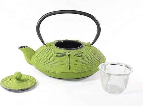 Miniatura 2 de Tetera japonesa antigua de hierro fundido de libélula verde de 27 onzas líquidas Tetsubin con infusor de té con salvamanteles