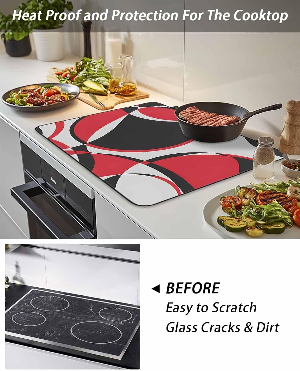 Stove Top Cover Red Geometric Circle Stove Cover for Electric Stove Top Modern Abstract Art Glass Cooktop Covers Anti-Slip Mat Heat R esistant Countertop Protector Kitchen Decor 31"x24"