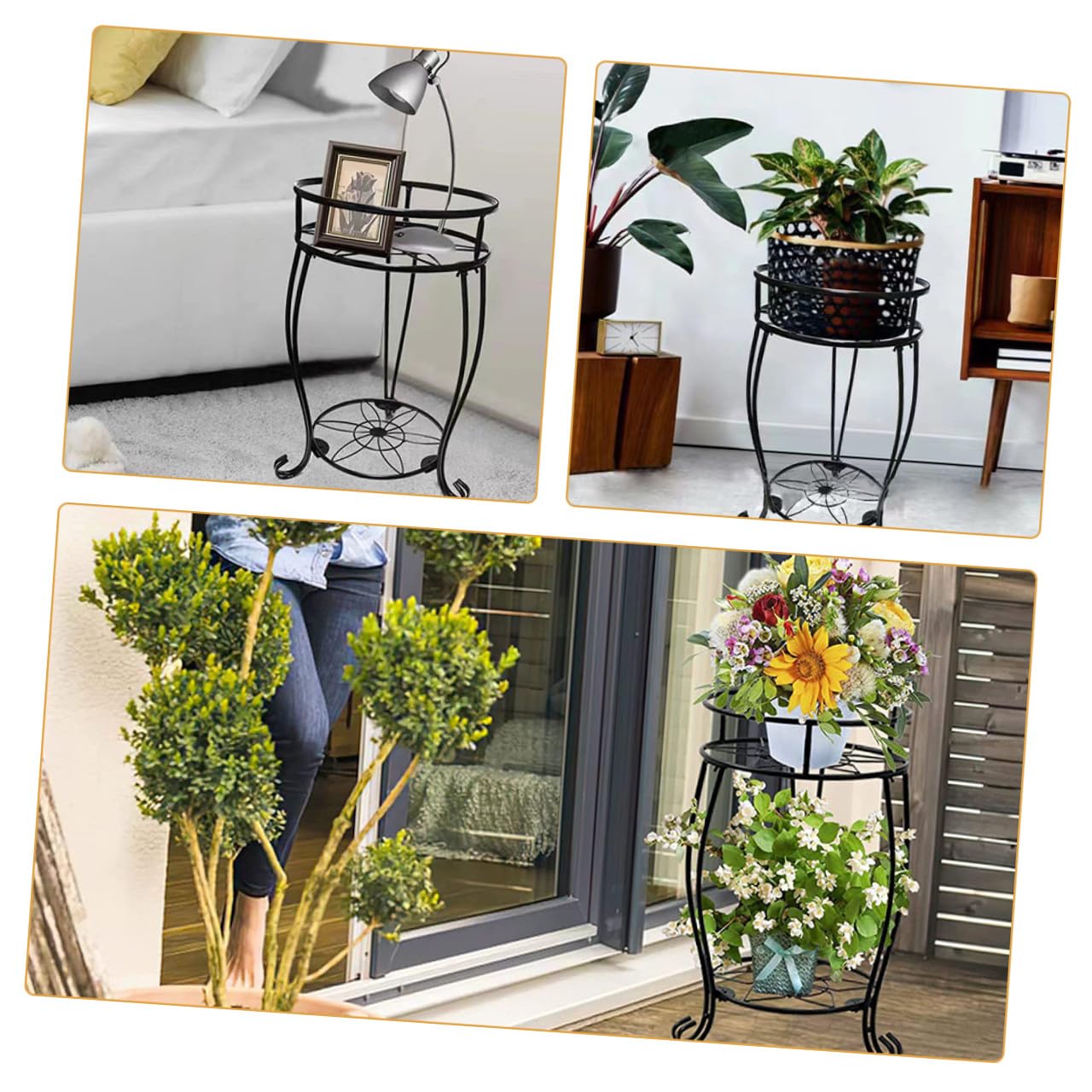 Supporto per Piante da Interno in Metallo Nero a Doppio Strato, Portavasi Rustico Smontabile per Soggiorno, Giardino e Patio, Scaffale Resistente per Fioriere e Bonsai
