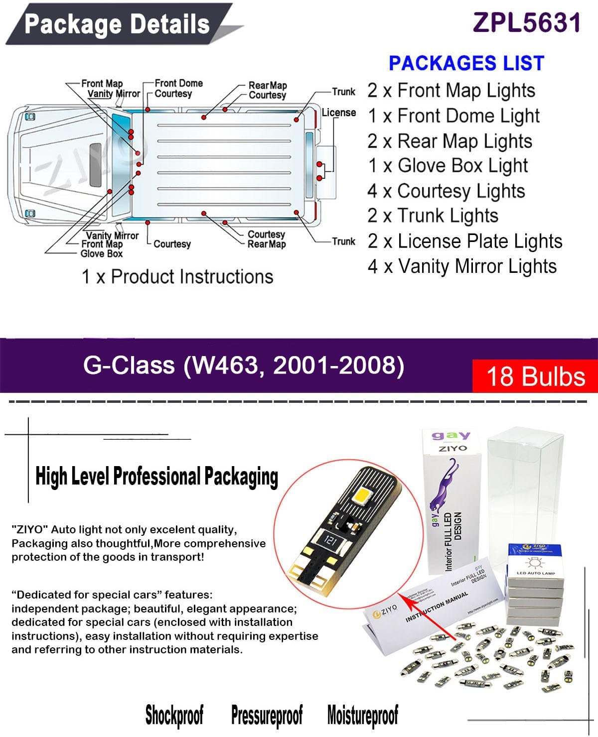 ZIYO LED Interior Light kit for Mercedes Benz G Class W463 2001-2008 Dome Light Bulbs Replacement Package, 6000K Xenon White LED Lights Accessories Upgrade (18 Bulbs)