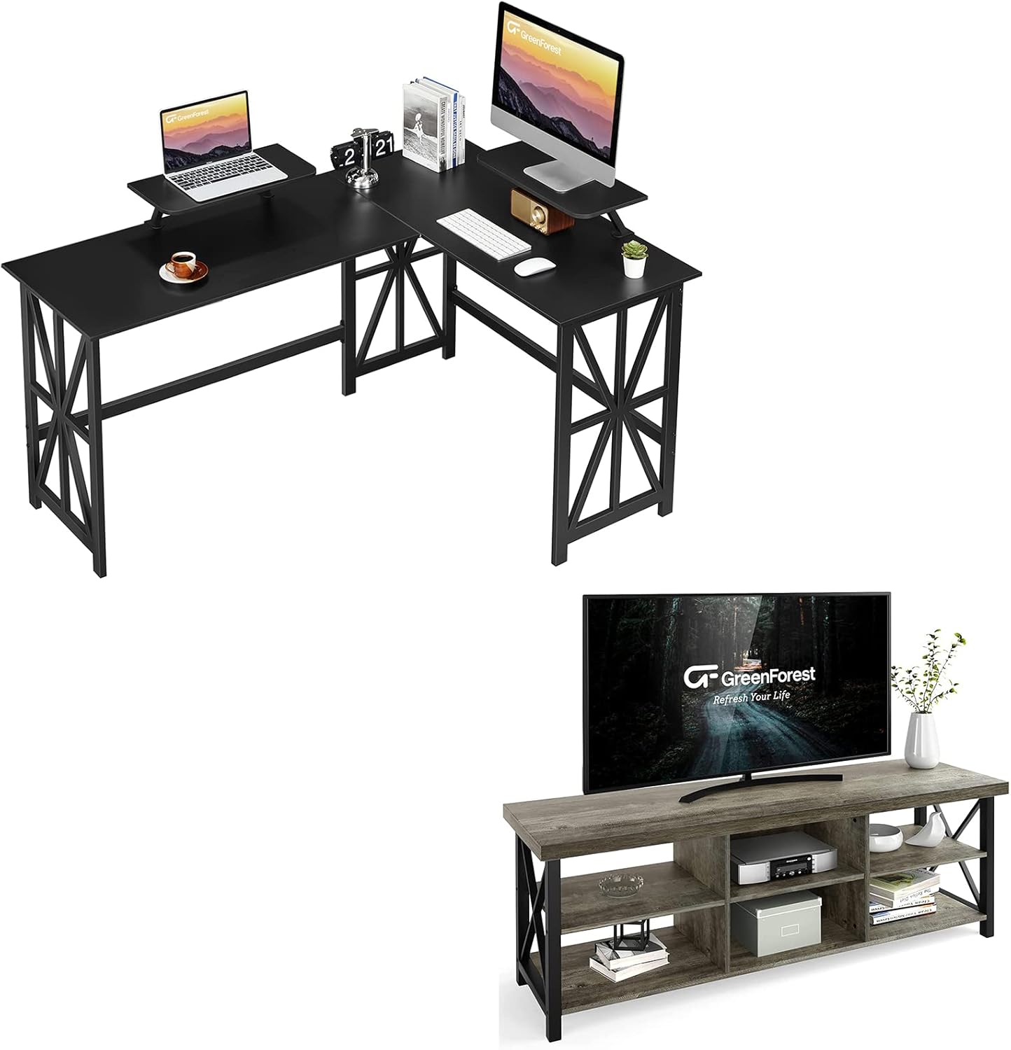 GreenForest L Shaped Desk 50 Inch with 2 Monitor Stand