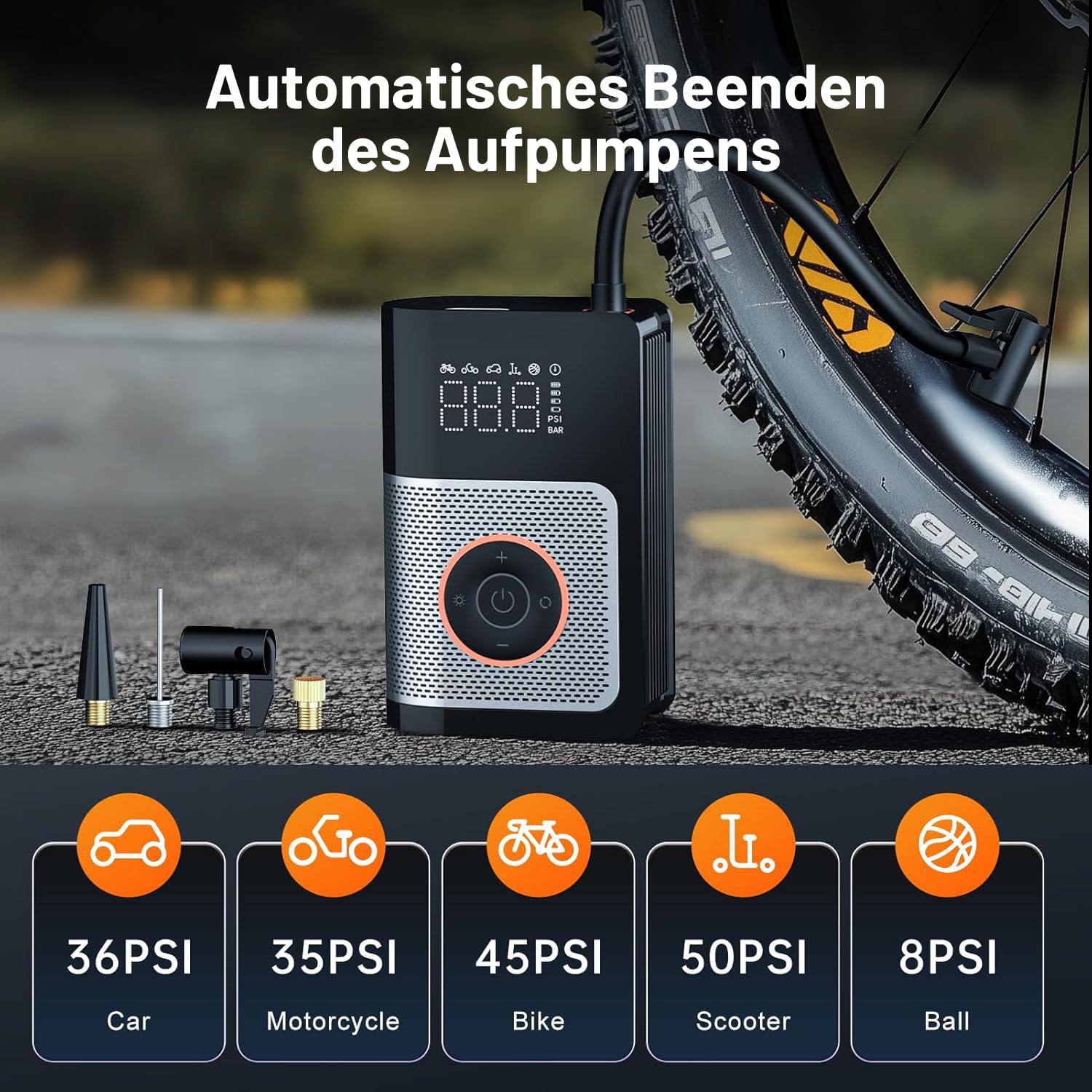Bomba de aire eléctrica, bomba de aire eléctrica con batería de 150 psi, bomba de aire eléctrica con pantalla LED, 6 modos, bomba de aire para coches, motos, bicicletas y pelotas, PowerPump 360