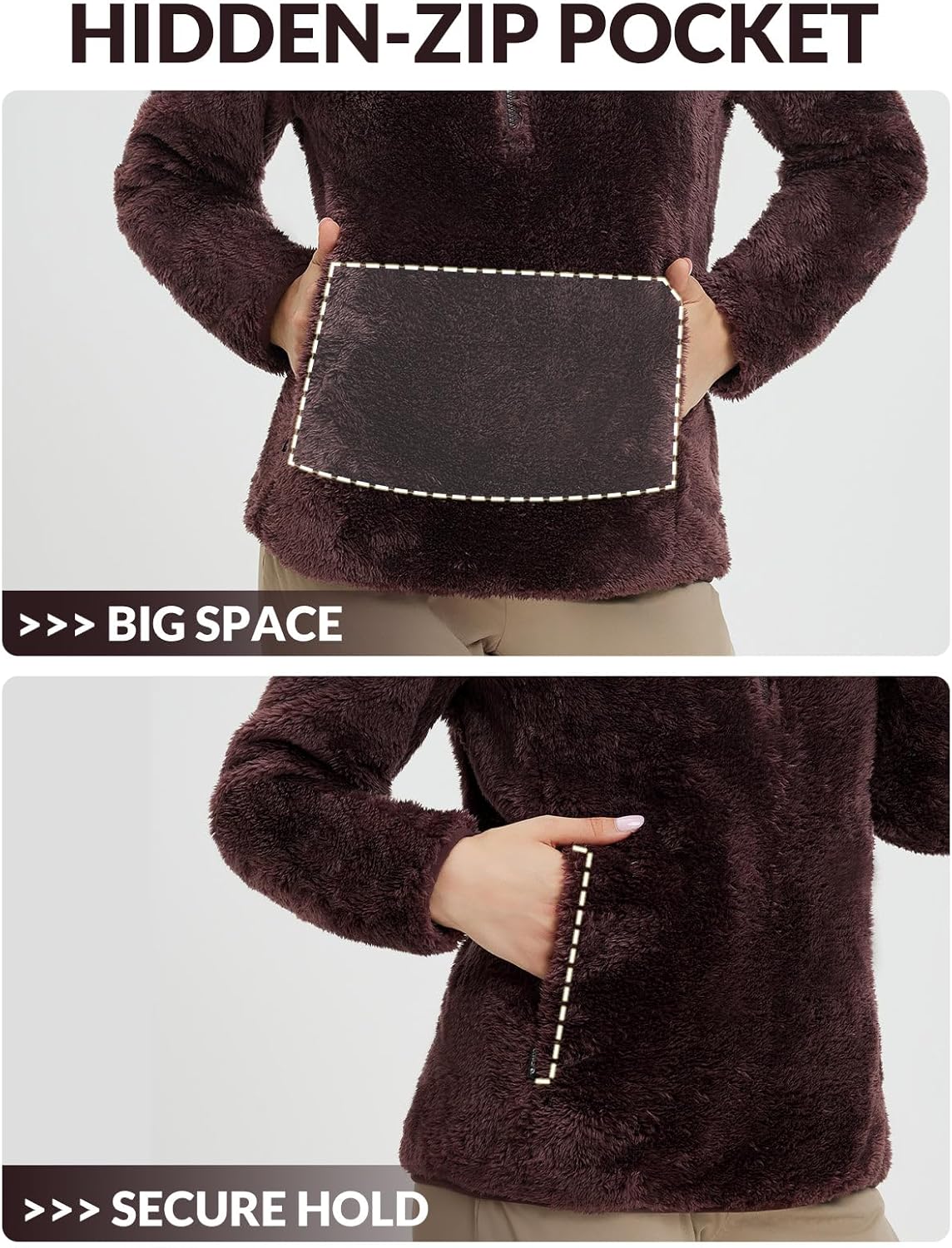 baleaf Women's Quarter Zip Sherpa Fleece Pullover Lightweight Fuzzy Winter Warm Sweatshirt with Zipper Kangaroo Pocket - Image 6