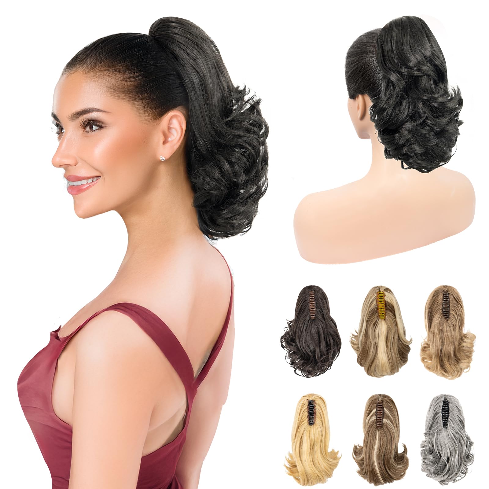 11” Classic Loose Curly Claw Clip In Ponytail Extension, Short Curly Wavy Claw Clip On Ponytails Hair Extensions Hairpieces for Women- Black #2 Black
