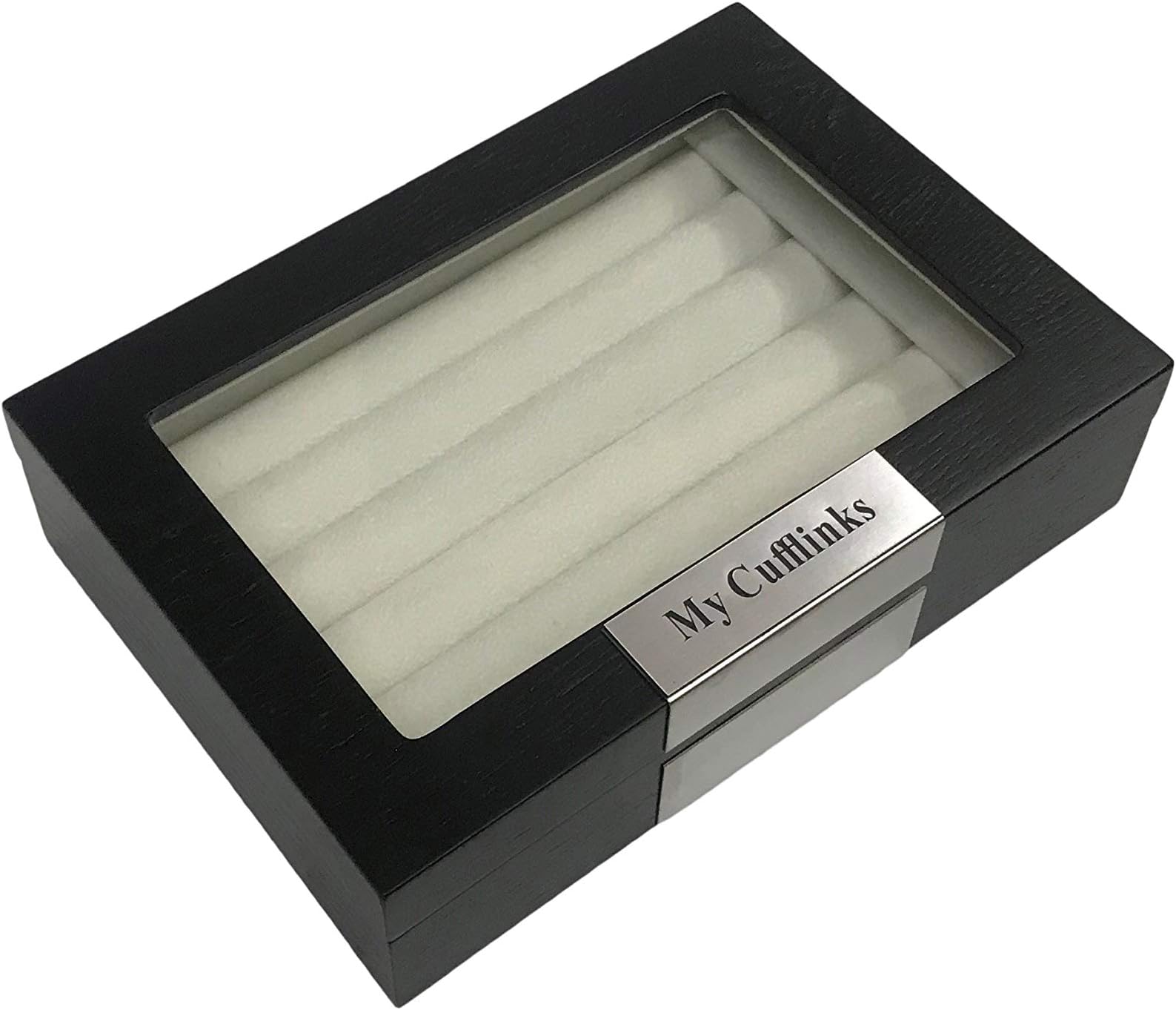 TimelyBuys Black Ebony Wood Personalized Cufflink Case & Ring Storage Organizer with Stainless Steel Engravable Design Accent Men's Jewelry Box for 20 Cufflinks Father's Day Gift