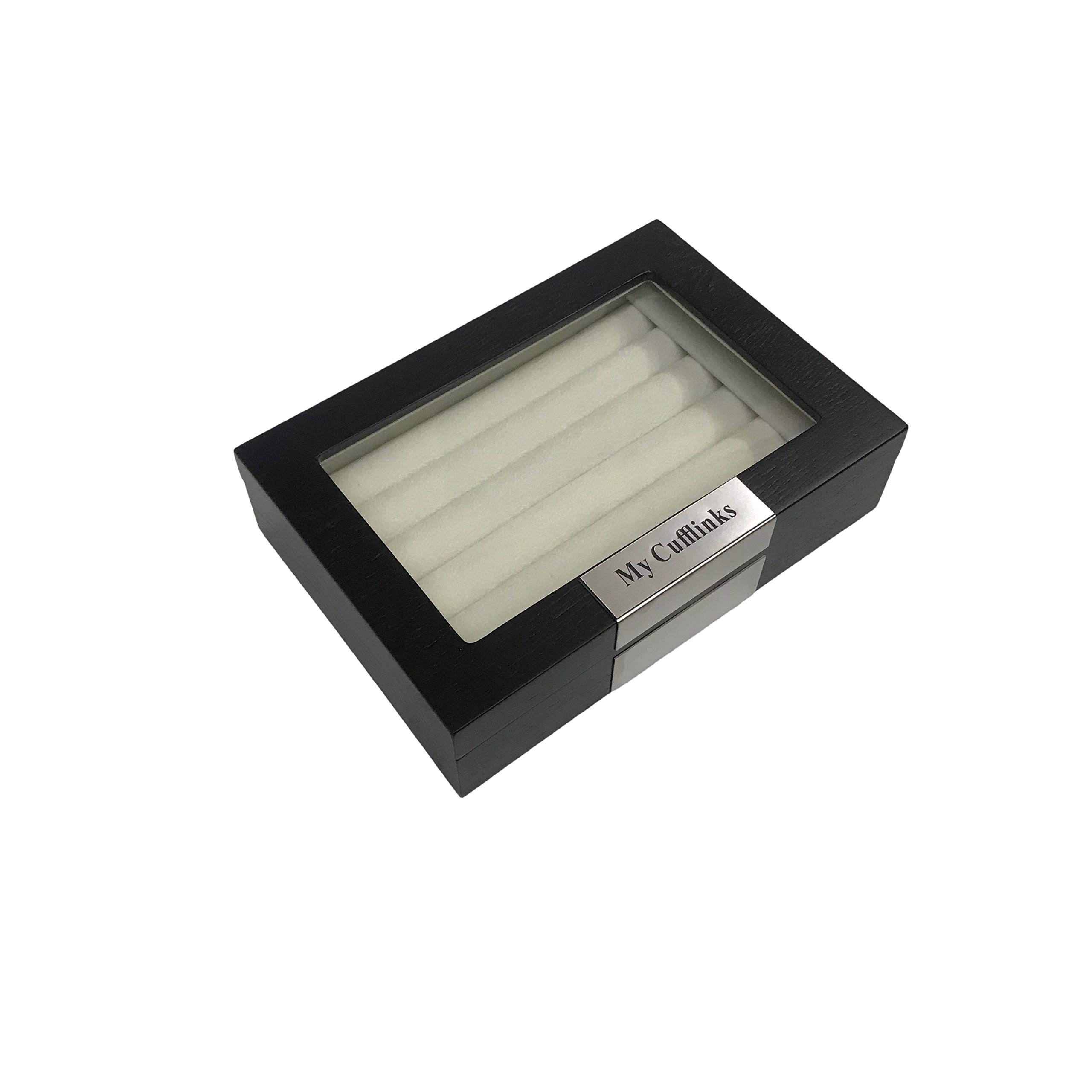 TimelyBuys Black Ebony Wood Personalized Cufflink Case & Ring Storage Organizer with Stainless Steel Engravable Design Accent Men's Jewelry Box for 20 Cufflinks Father's Day Gift