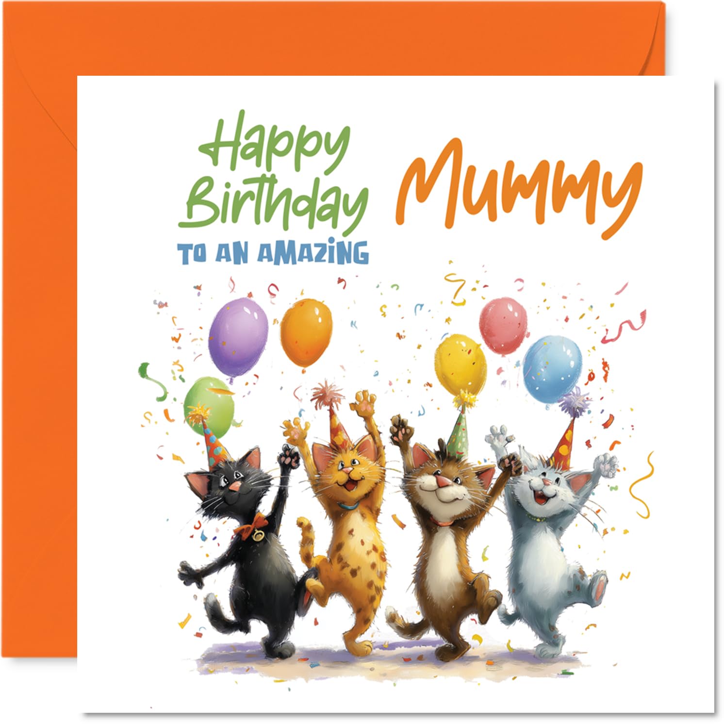 Playful Birthday Card for Mummy - Bursting with Birthday Cheer - Cartoon Cats, Balloons and Confetti Celebration - 145mm Square, Envelope Included