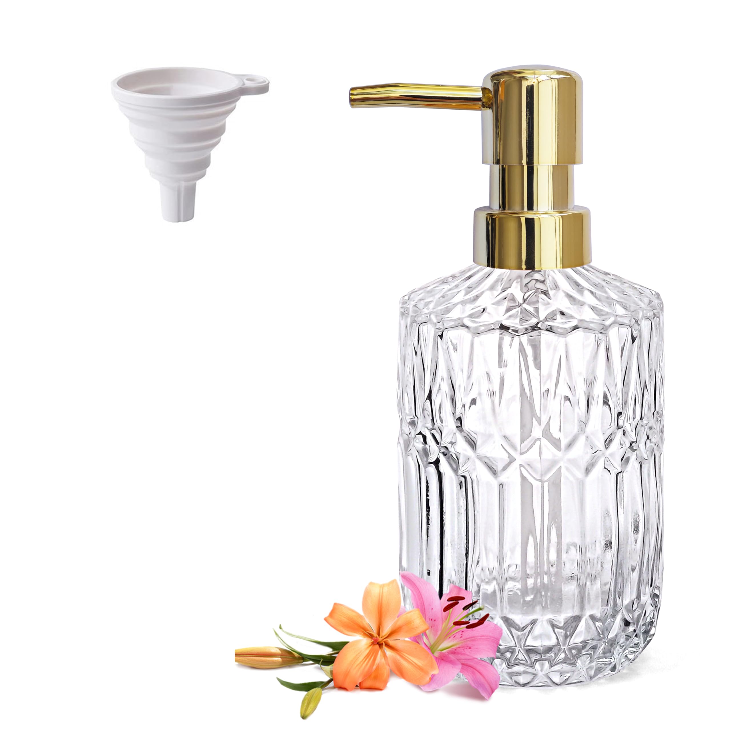 LaMarriti Crystal Glass Soap Dispenser with Rust Proof Pump, 13.5 Oz Clear Refillable Hand Lotion Dispenser for Bathroom Countertop and Kitchen, Vintage Bathroom Accessories, Bathroom Decor