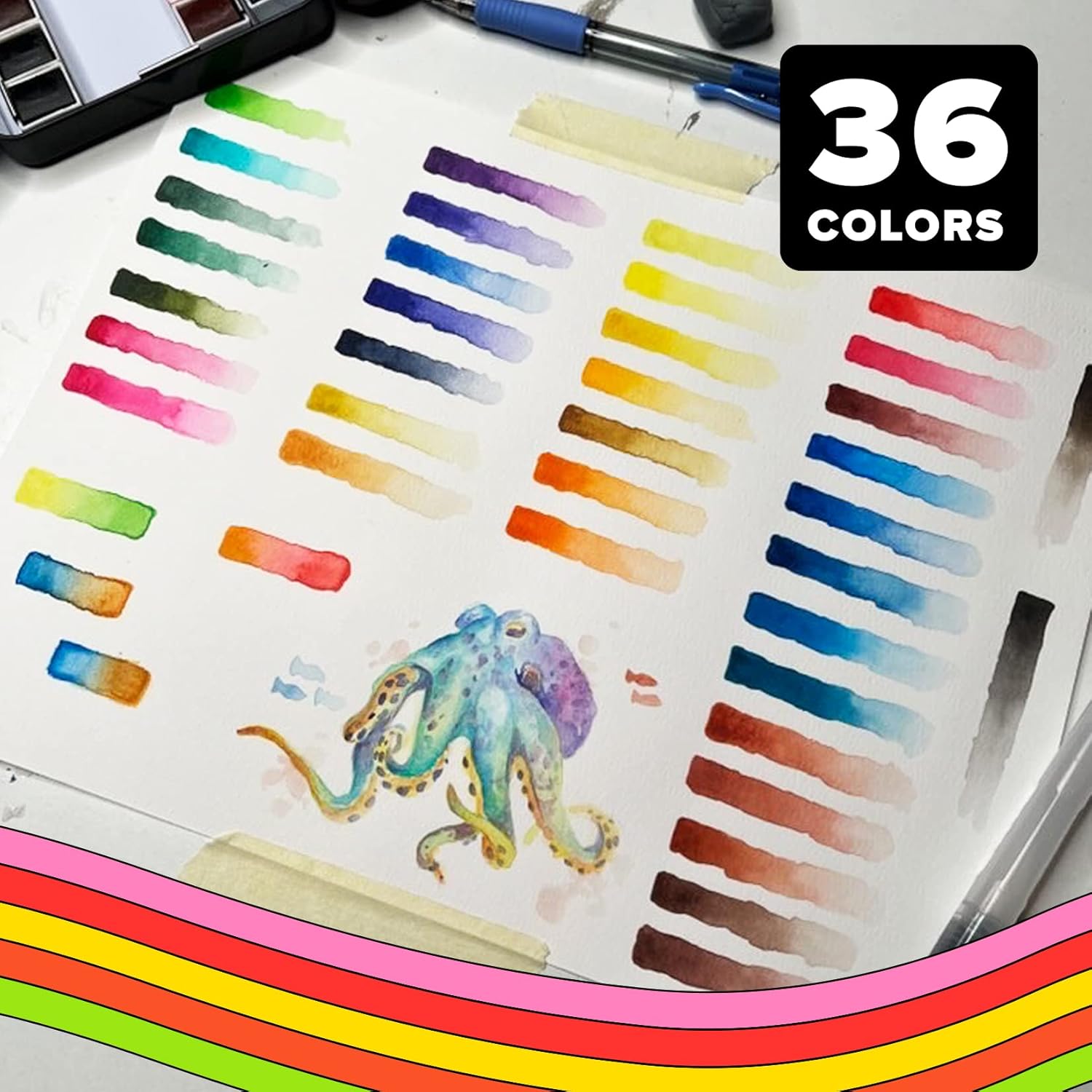 Professional Watercolor Paint Set, 36 Water Colors, Painting Kit with Palette and Brush Pen, Portable Watercolor Paints for Travel and Art Projects