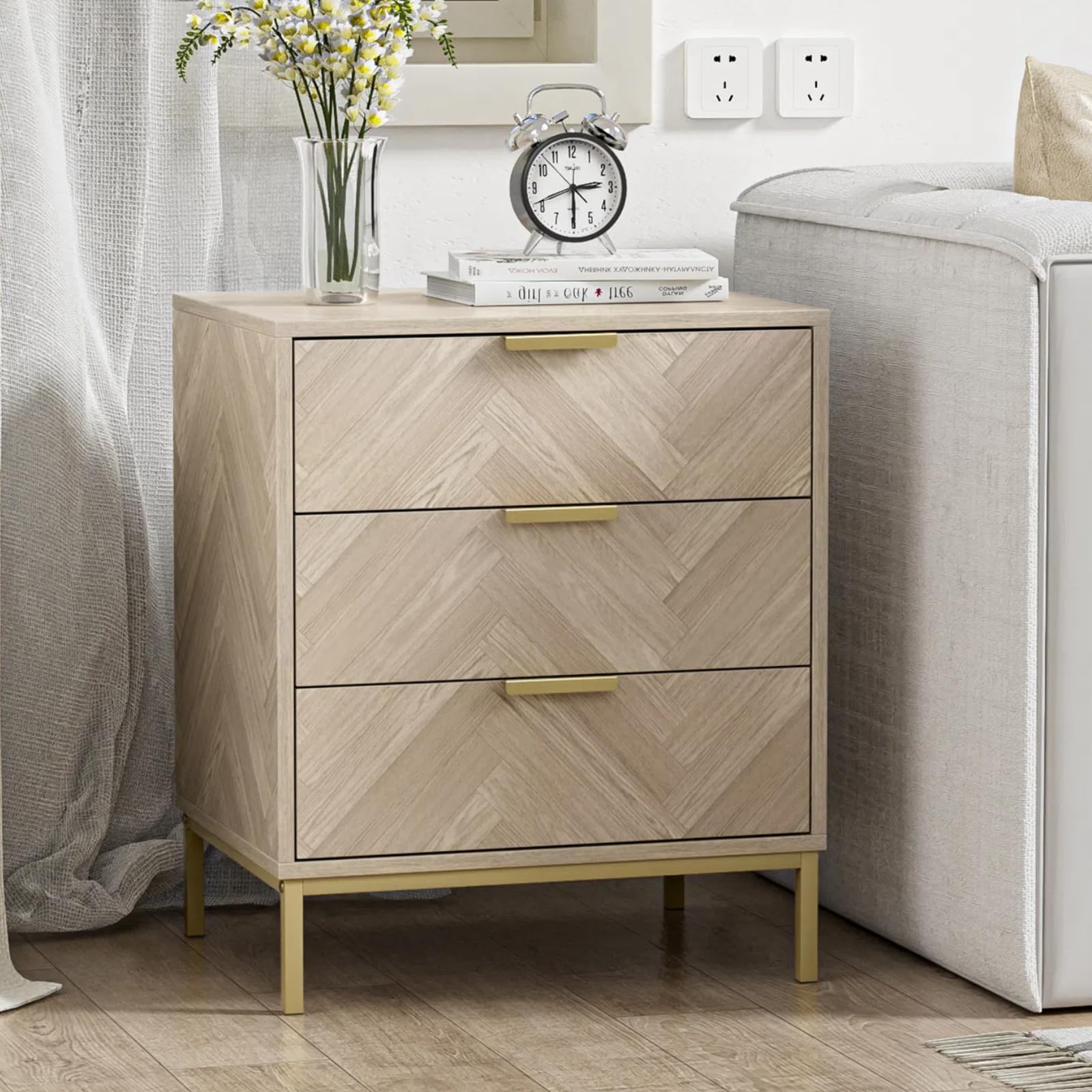 Skokliz 3 Drawer Nightstand, Modern Wood Bedside Table with Storage, Space-Saving End Table for Bedroom, Sofa, Natural Oak