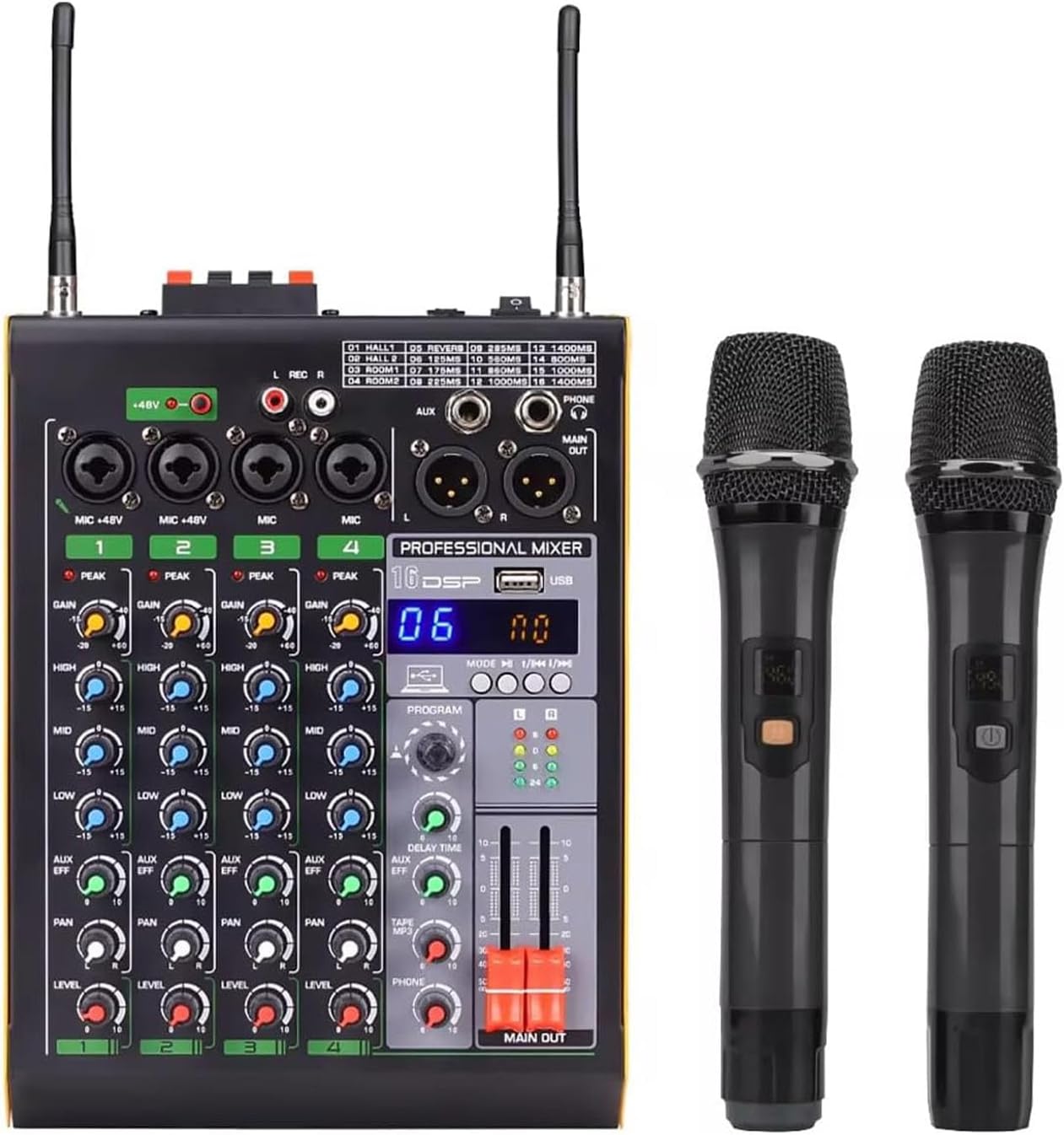 4 Channel Mixing Console, Bluetooth Portable Audio Mixer, 16 DSP Effects, USB MP3 Input, With 2 Adjustable Frequency Wireless Microphones For Studio Home Bar Party Gathering Use