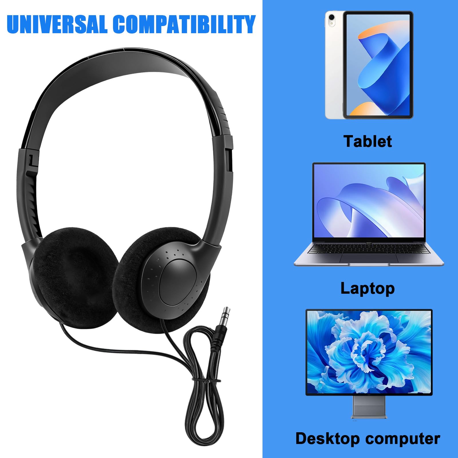 Kopfhörer mit 3.5 mm Klinkenanschluss, 10 Pack kopfhörer schule, Lautstärke Verstellbar On-Ear Headset mit 1.2 m Kabel, Bügelkopfhörer klinkenstecker für Computer, Laptop, Tablet Multimedia-Geräte