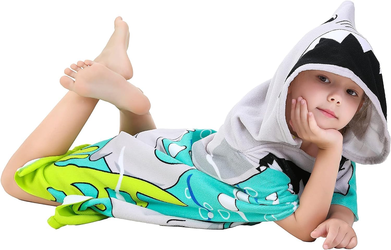 Ji and Ja® Kids Beach Towels with Hood Kids Bath Towels for Boys Cute Cartoon Printed Towel Microfiber Hoodie Beach Towel Pouncho Head Cover-ups Multi-Use 1-7 Years Kids (Shark) 4
