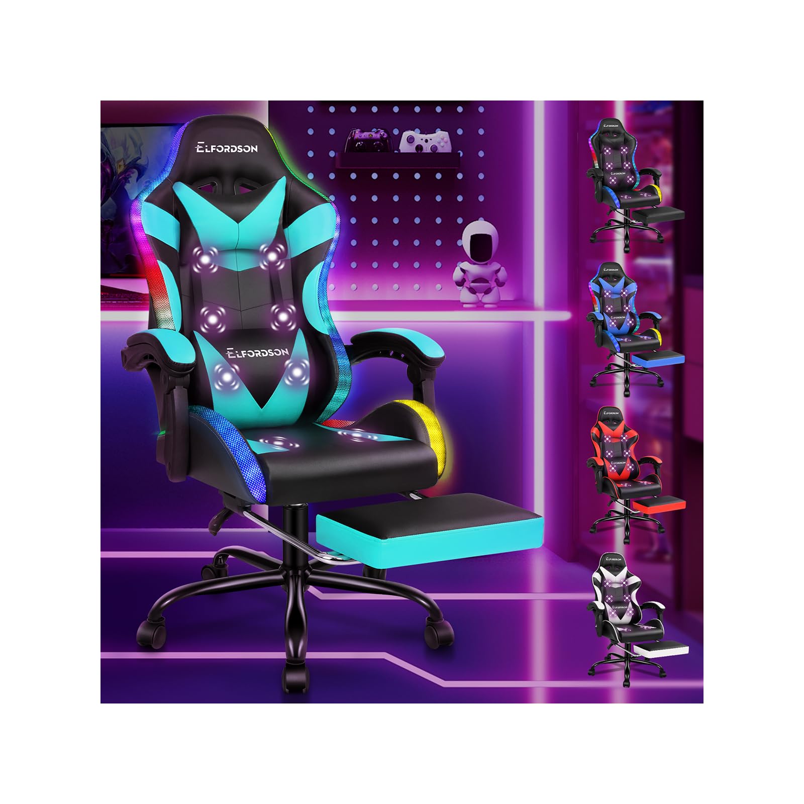 ELFORDSON LED Gaming Chair with 8-Point Massage, Ergonomic Computer Office Chairs with Headrest, Lumbar Cushion, Footrest, RGB Light, High Back 150° Reclining, 360° Swivel, PU Leather, Cyan