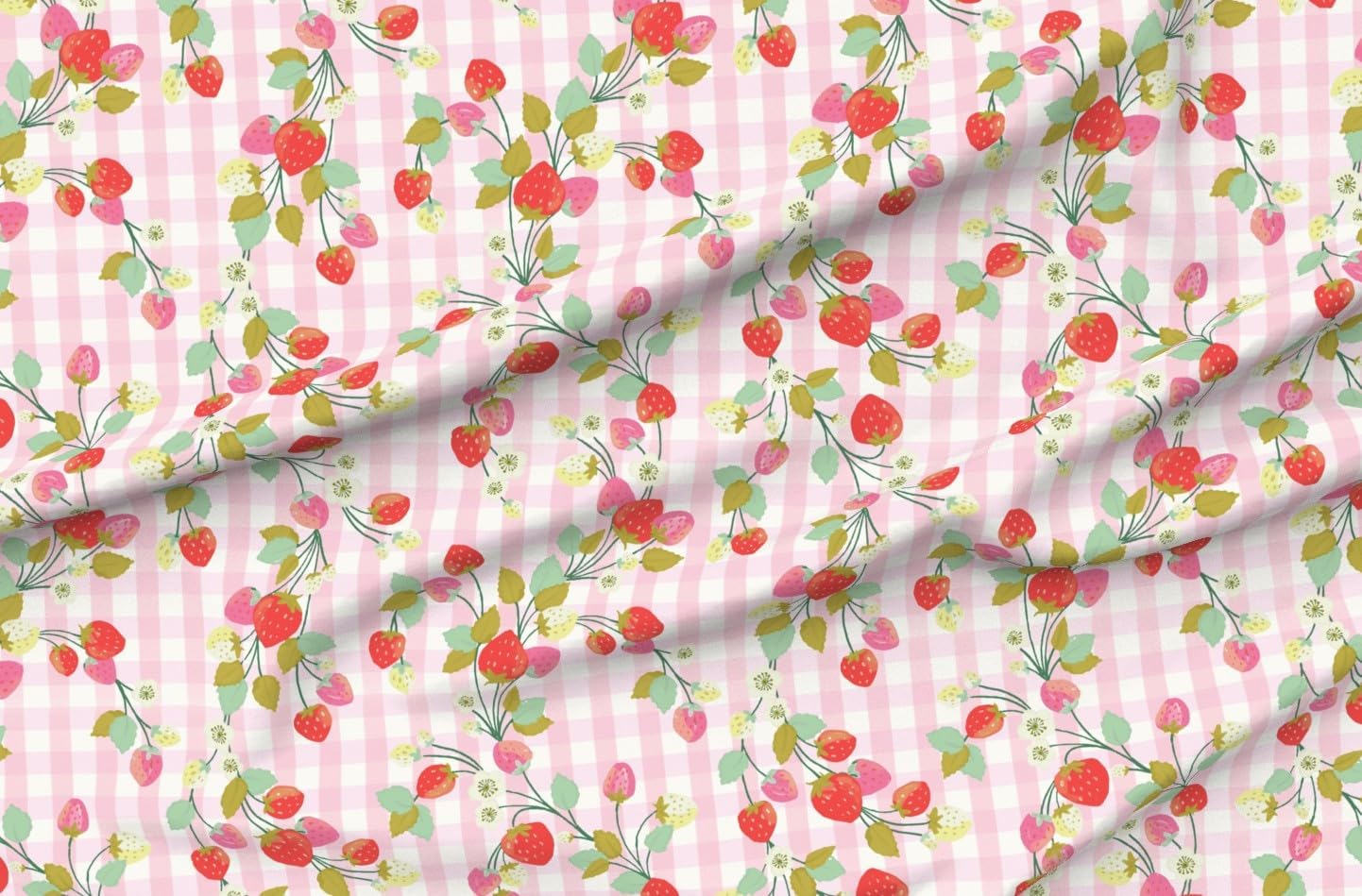 Spoonflower Fabric - Strawberry Gingham Berries Summer Picnic Hand Painted French Country Printed on Petal Cotton Fabric Fat Quarter - Sewing Quilting Apparel Crafts Decor