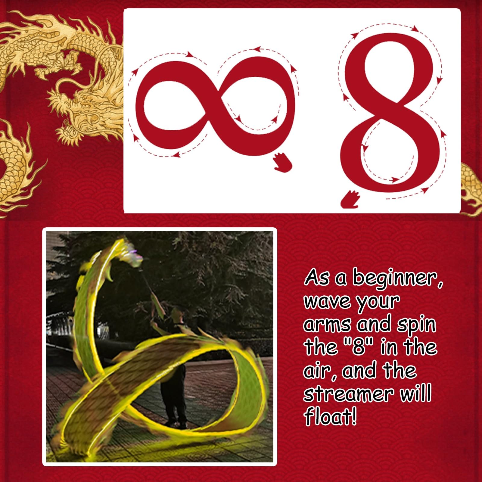 Jongliertücher Leuchtendes Drachen-Poi-Band, 3,0 M 5 M, Schleuderndes Seiden-Streamer-Spielzeug mit 3D-echtem Drachenkopf, Spiralförmig Schleudernde Wu-Lang-Kombination, Fließendes, Schüttelndes Poi(G