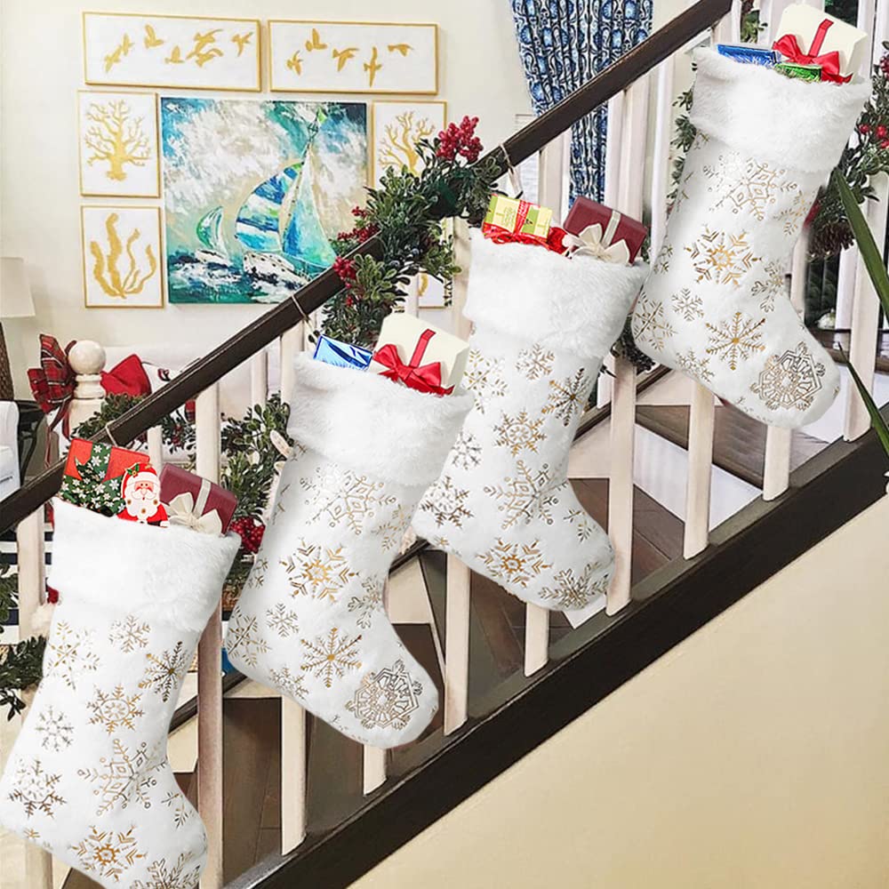 LiHoota Christmas Stockings Large 18 inches 4 Pcs - Plush Faux Fur Xmas Stocking with Golden Snowflake, for Family Holiday Personalized Party Decorations
