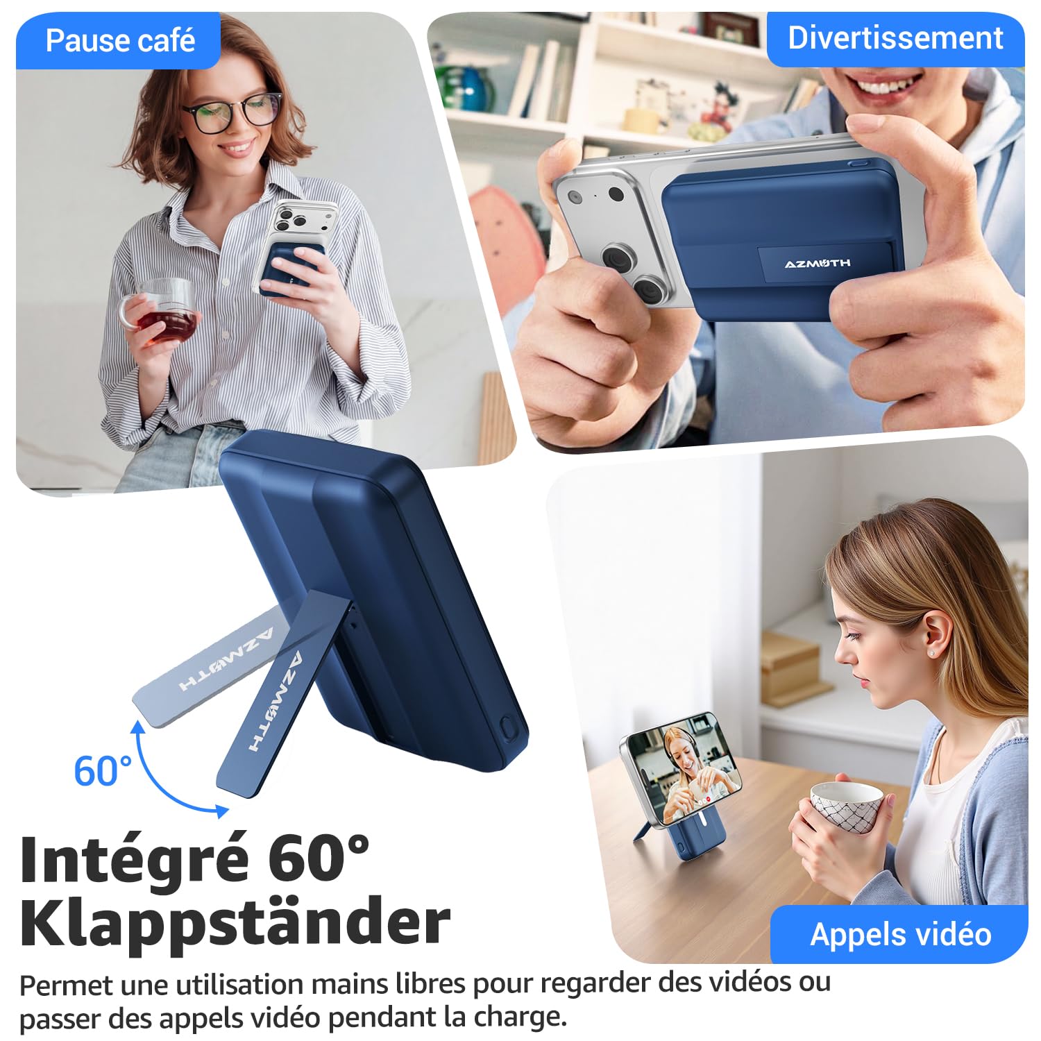 Azmuth Batterie Externe Magnétique Compatible avec MagSafe, 10000mAh Chargeur Portable sans Fil Power Bank Rapide 20W PD USB-C, avec Support & Affichage LED, pour iPhone 17/16/15/14/13/12 Série, Bleu