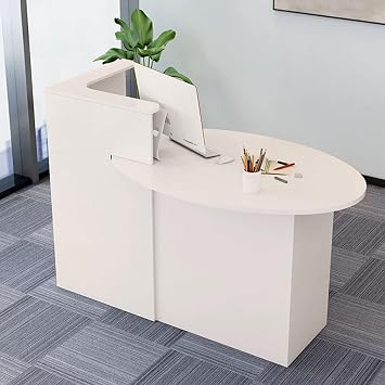 Reception Desk, Front Counter, Retail Counter with Lockable Drawer, L-Shaped Reception Table, Small Reception Desk with Removable Shelves, for Salon, Restaurant, OfficeWhite-R,140cm/55.1in
