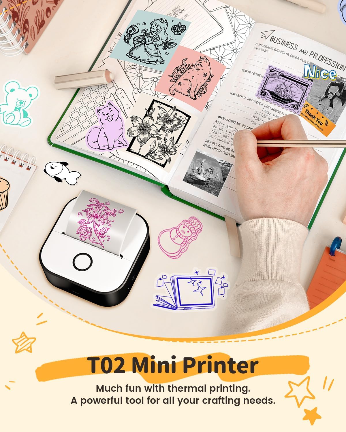 Mini Sticker Printer, T02 Print Pods Mini Printer Thermal Sticker Maker Machine, Bluetooth Inkless Printing, Gifts for Holiday, Memo, Study Notes, Work Plans, Compatible with iOS & Android, Black