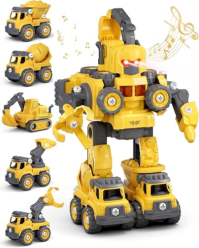 Tusivo Juego de vehículos de construcción de robot transformador, 5 en 1, juego de construcción desmontable para niños, función de montaje fácil de