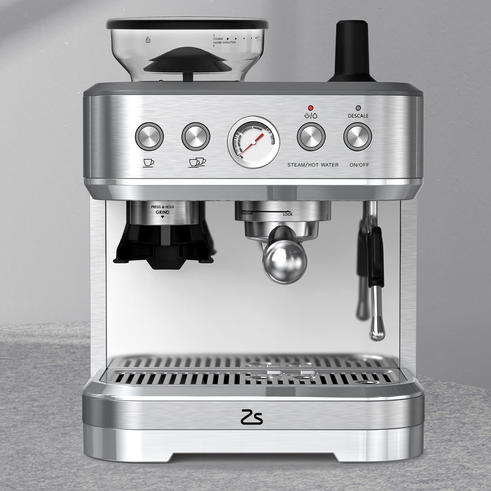 Acekool Cafetera Expresso 20 Bares con Trituradora de Granos Integrada, Cafetera Italiana de Acero Inoxidable Plateado, Hecho Espresso Cappuccino Latte, Espumador de Leche Incluido, Enchufe EU 220V