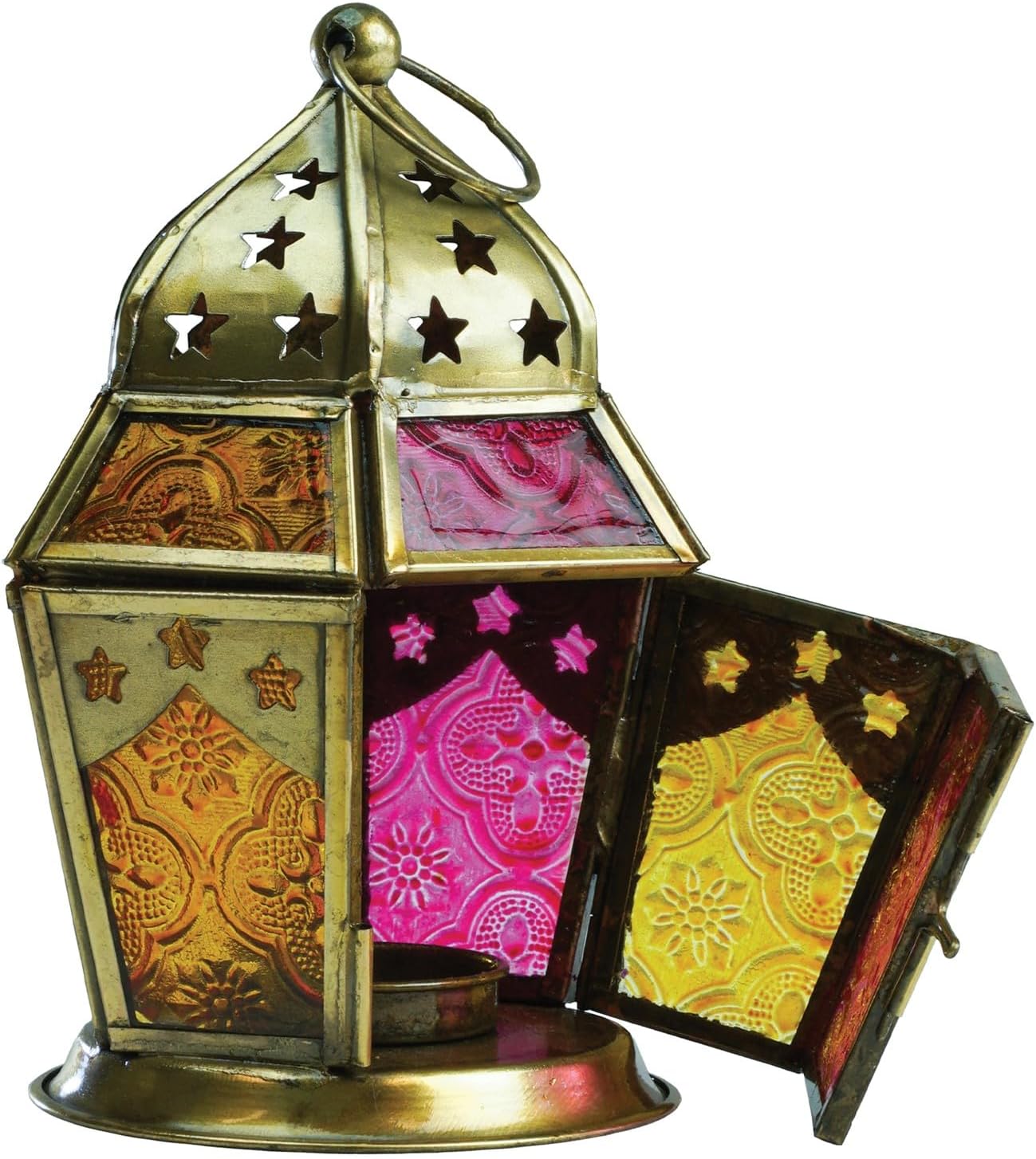 In the Breeze 9208 — Pink & Yellow Hex Tealight Lantern — Moroccan-Style Boho Chic Tealight Glass and Metal Tabletop Lantern