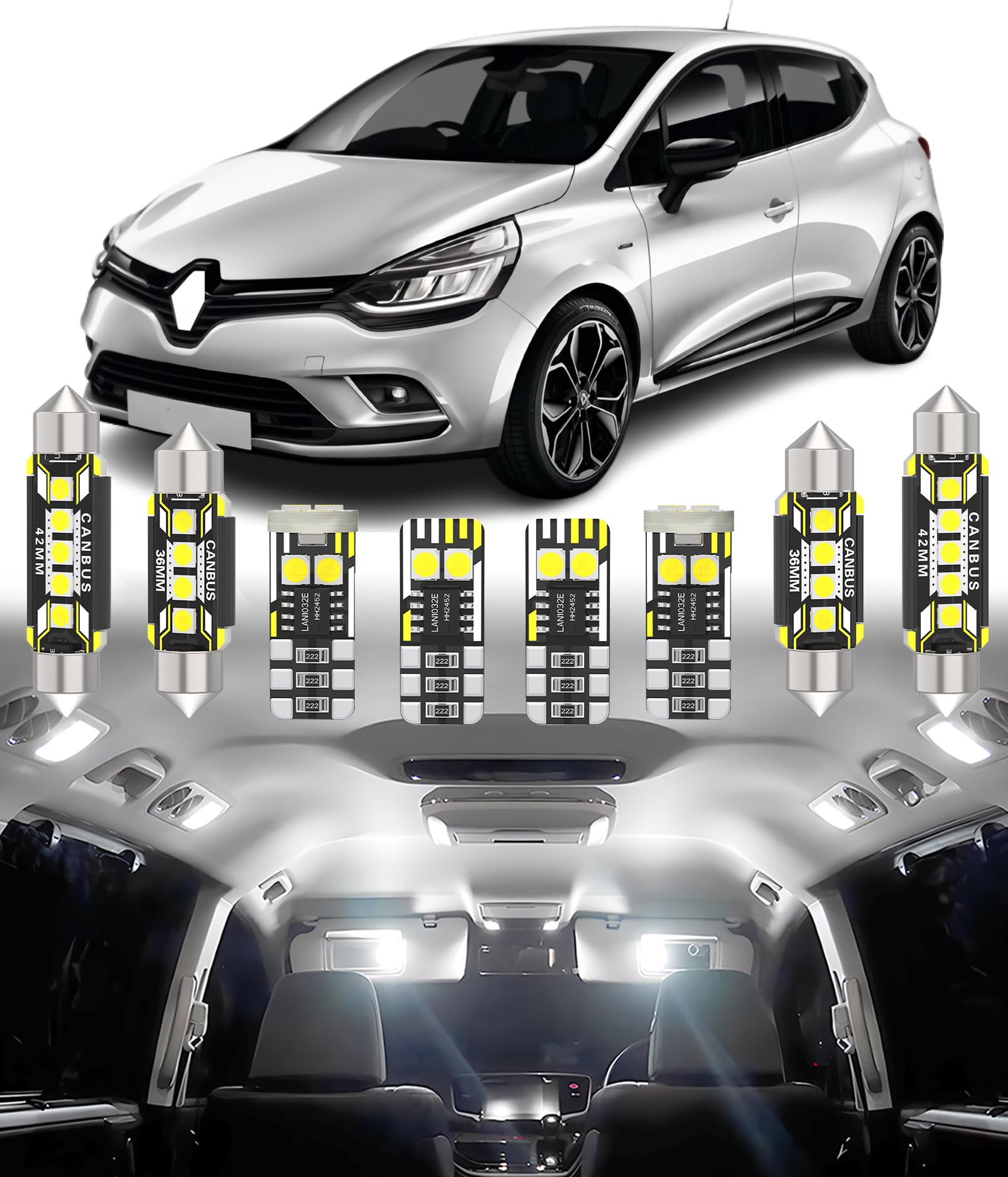 BMT xms 8pz Kit di Luci LED per Interni per Renault Clio IV 4 MK4 X98 2013 2014 2015 2016 2017 2018, Lampadine LED per Interni Auto e Camion 6000K Bianco Luminoso