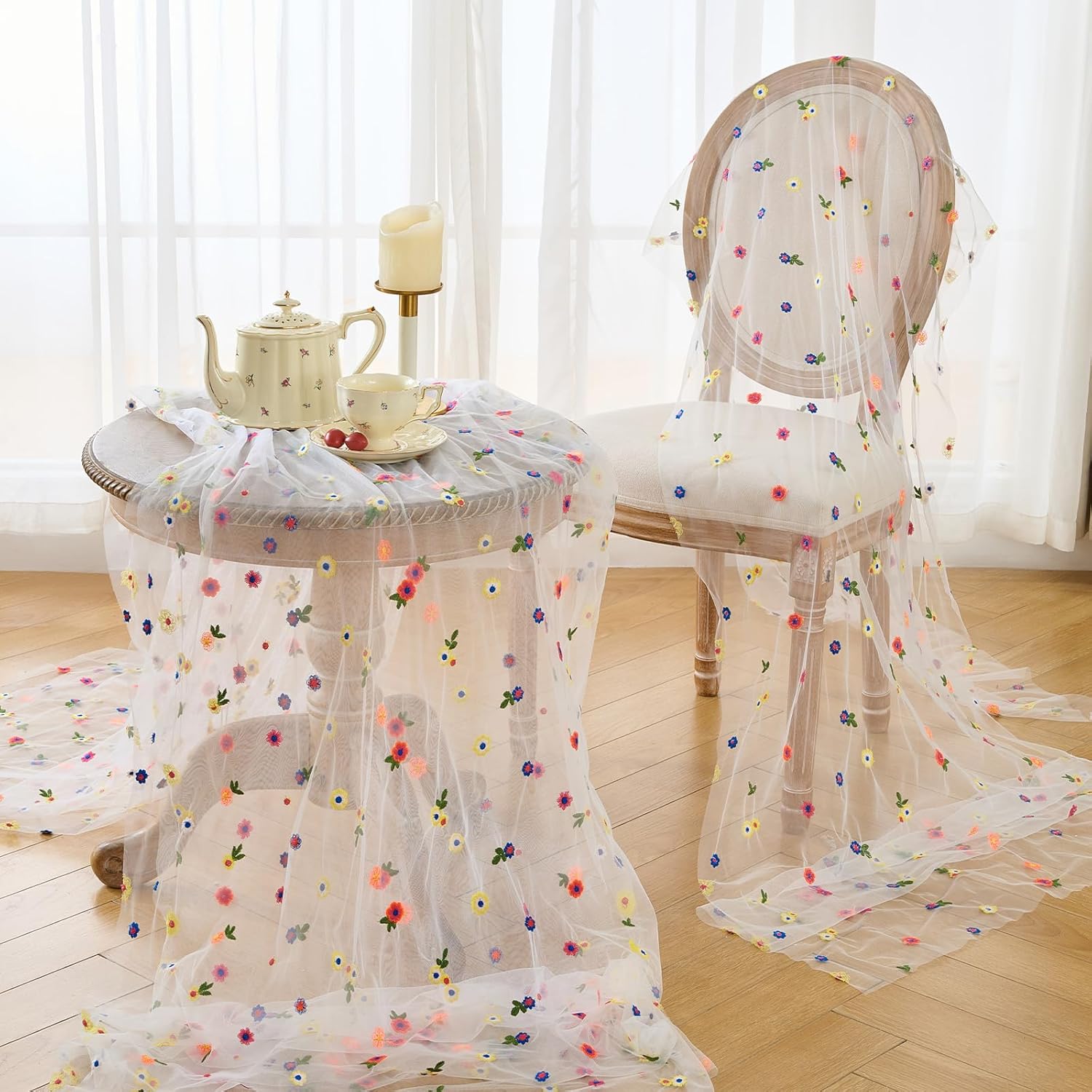 BINBE 12pcs Daisy Spring Table Runner Embroidery Gauze 10FT Florals Seasonal Tulle Holiday Birthday Kitchen Dining Table Decor for Home Party Ivory