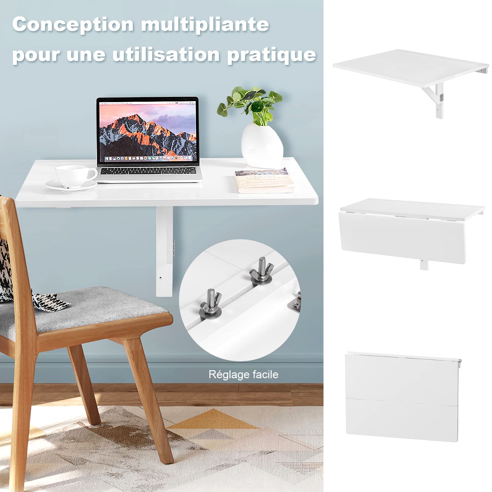 COSTWAY Table Murale Rabattable en Bois de Pin Double Plateaux Table de Cuisin Pliable 80 x 60 x 43 cm (Blanc)
