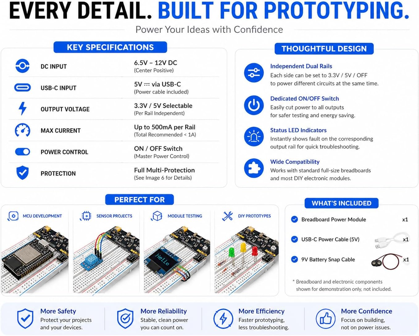 Breadboard Power Supply Module, 5V/3.3V Dual Output, USB-C & DC Input, Compatible with Arduino Raspberry Pi ESP32
