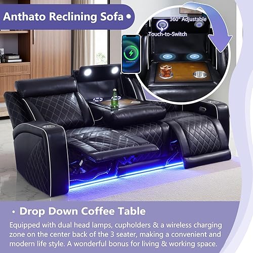 Miniatura 3 de Juego de sofá reclinable eléctrico, juego de sofá reclinable de cine en casa, sofá biplaza reclinable de cuero transpirable con Debut negro,Negro