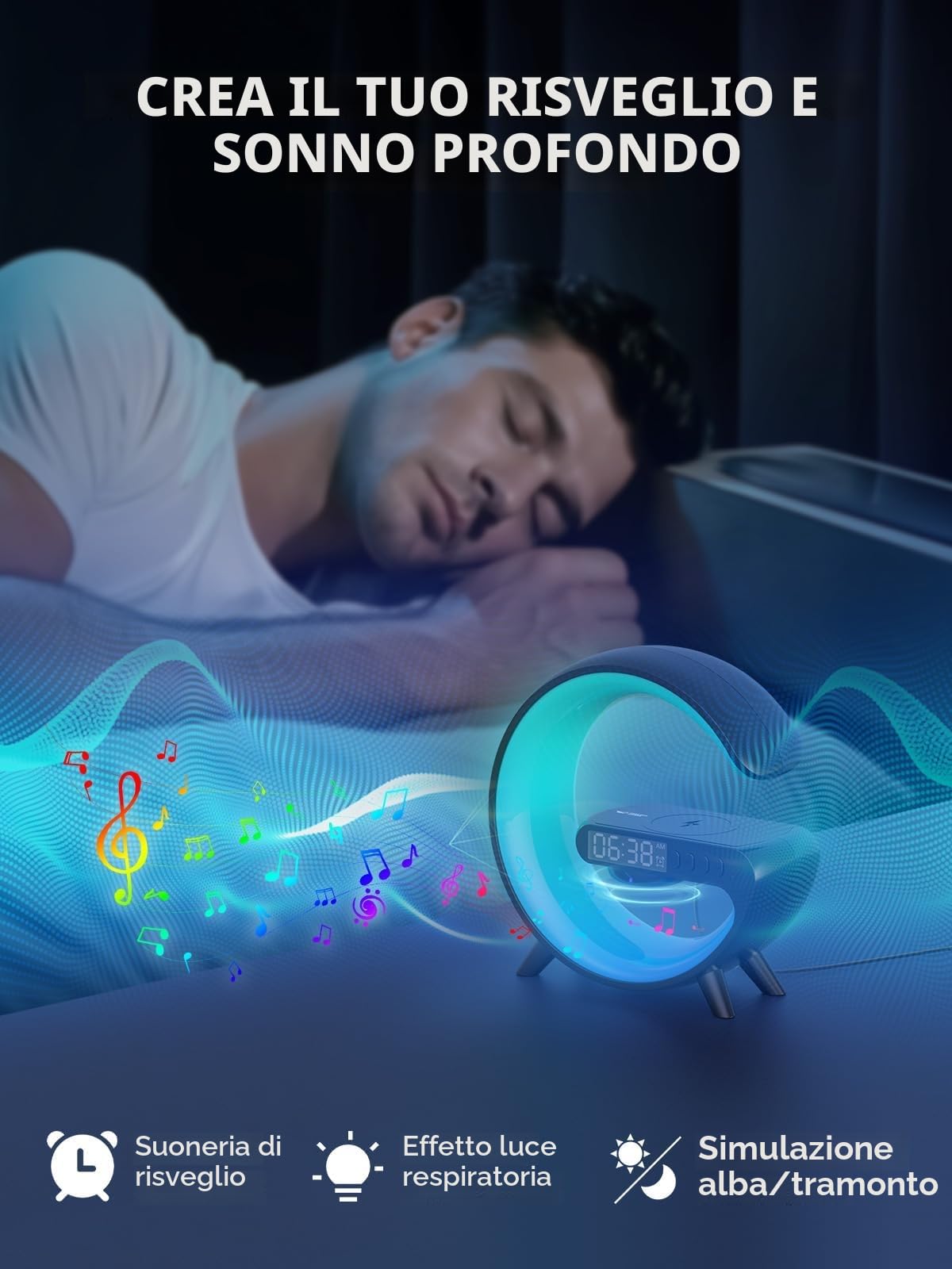 Smiling Shark Intelligente LED Sveglia Luce, Lampada Sveglia Atmosfera con Altoparlante Bluetooth e Ricarica Senza Fili Controllo Bottone 10 Modalità D'illuminazione Wake Up Light per Casa Decorazione