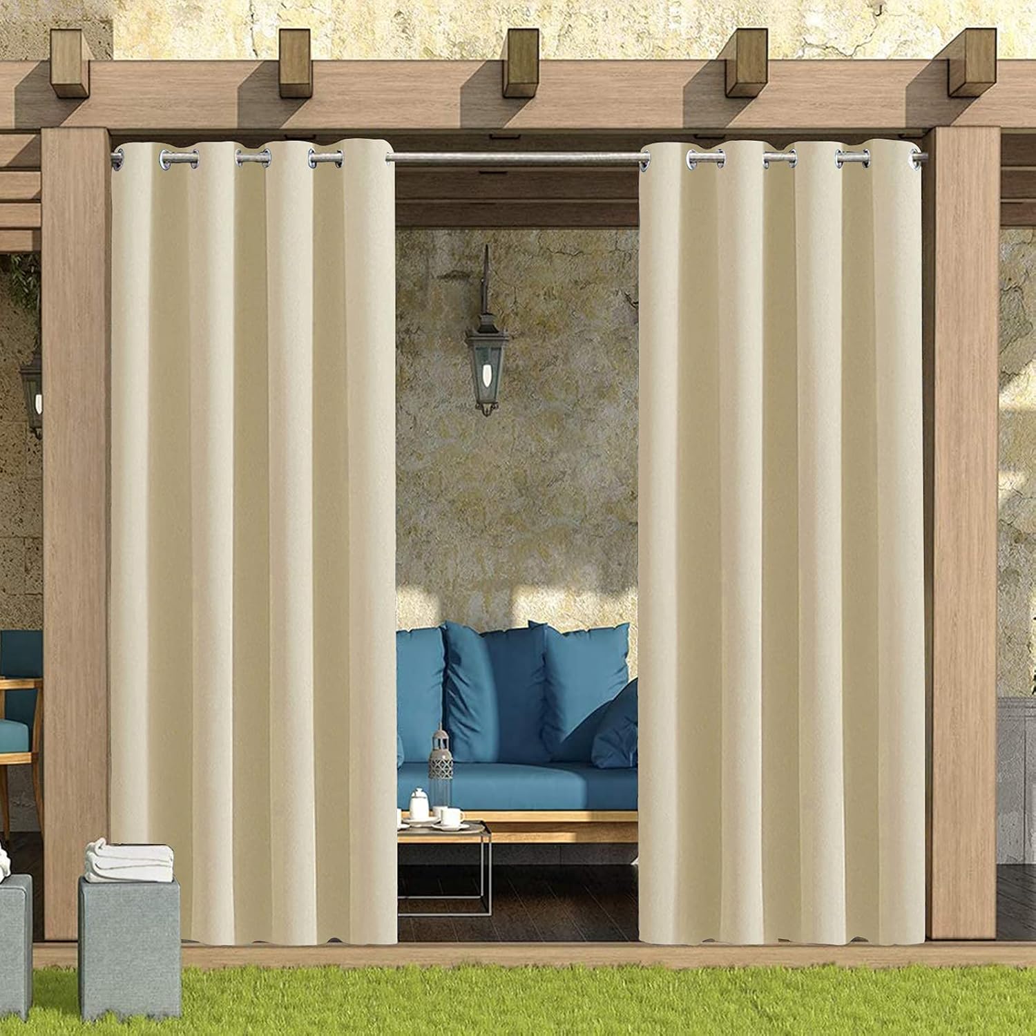 52W x 90L inch Waterproof Indoor/Outdoor Curtains for Patio Thick Privacy Grommet Curtains for Bedroom, Living Room, Porch, Pergola, Cabana, 2 Panel,Cream Color