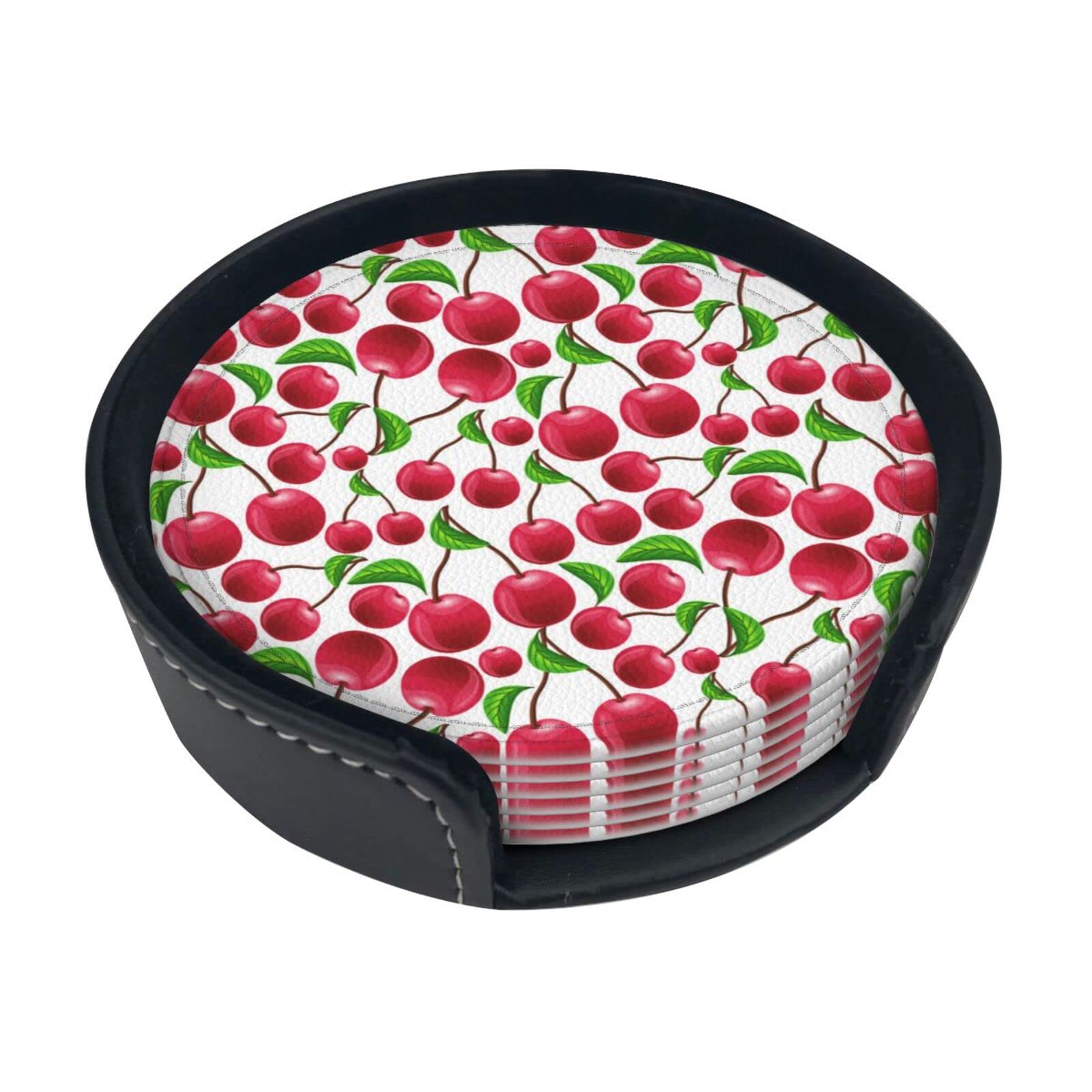 Coasters Set Of 6 Red Cherries Print Leather Coasters For Drinks,Home Décor And Housewarming Gift