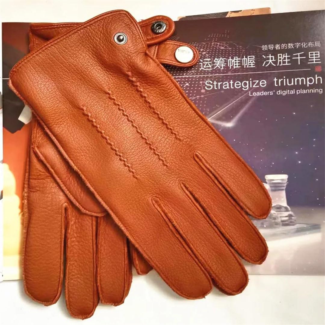 Damen-Handschuhe aus echtem Leder, importiertes Hirschleder, Wolle, gestrickt, gefüttert, thermische Fahrhandschuhe, Grau, Größe L